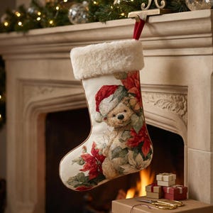 Puede incluir: Calcetín navideño con un oso de peluche con gorro de Papá Noel, rodeado de flores de Pascua. El calcetín tiene un fondo crema y un puño de piel sintética. Cuelga de un gancho dorado en una repisa de chimenea.