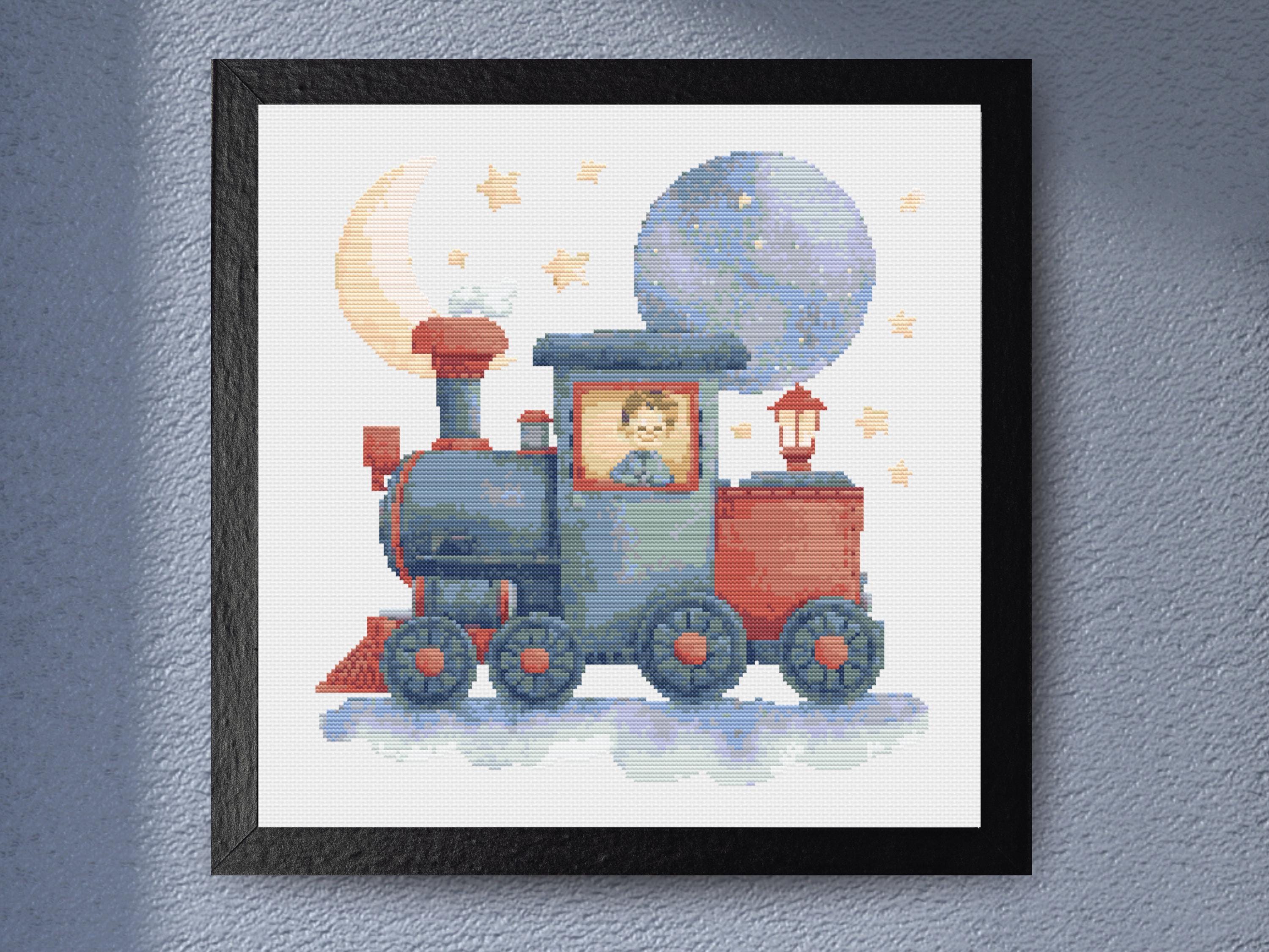 Train Cross Stitch Pattern - Whimsical Christmas Train with Moon & Stars, Holiday Baby Nursery Decor, Vintage Pattern PDF Download - Image 1