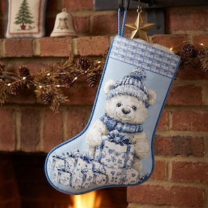 Christmas Stocking Cross Stitch Pattern - Blue Teddy Bear with Gifts - Holiday Decor, Beginner Friendly, Personalized Gift Idea