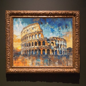 Puede incluir: Una pintura del Coliseo en Roma, Italia. La pintura está hecha en estilo mosaico con un cielo azul y nubes en el fondo. El Coliseo es de color marrón claro con algunos acentos marrones más oscuros.