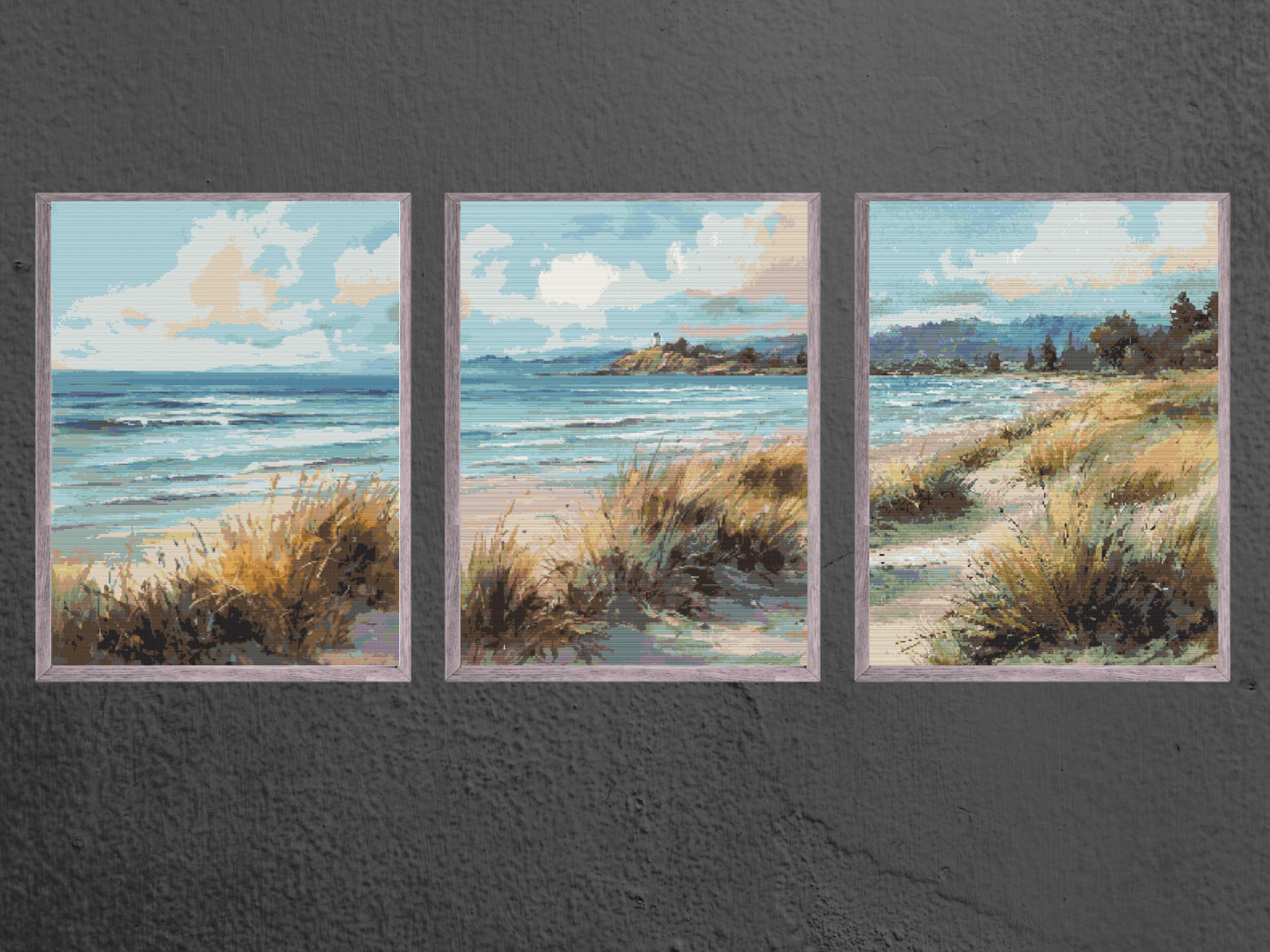 Coastal Triptych - set of 3, Nautical Beach Panoramic Seaside View with Dunes, Waves, and Lighthouse - Image 1