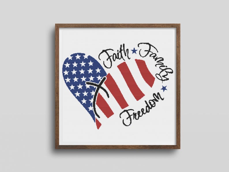 Faith Family Freedom Cross Stitch Pattern Heart-Shaped American Flag With Patriotic Lettering For Fourth Of July Home Decor And Embroidery Gift