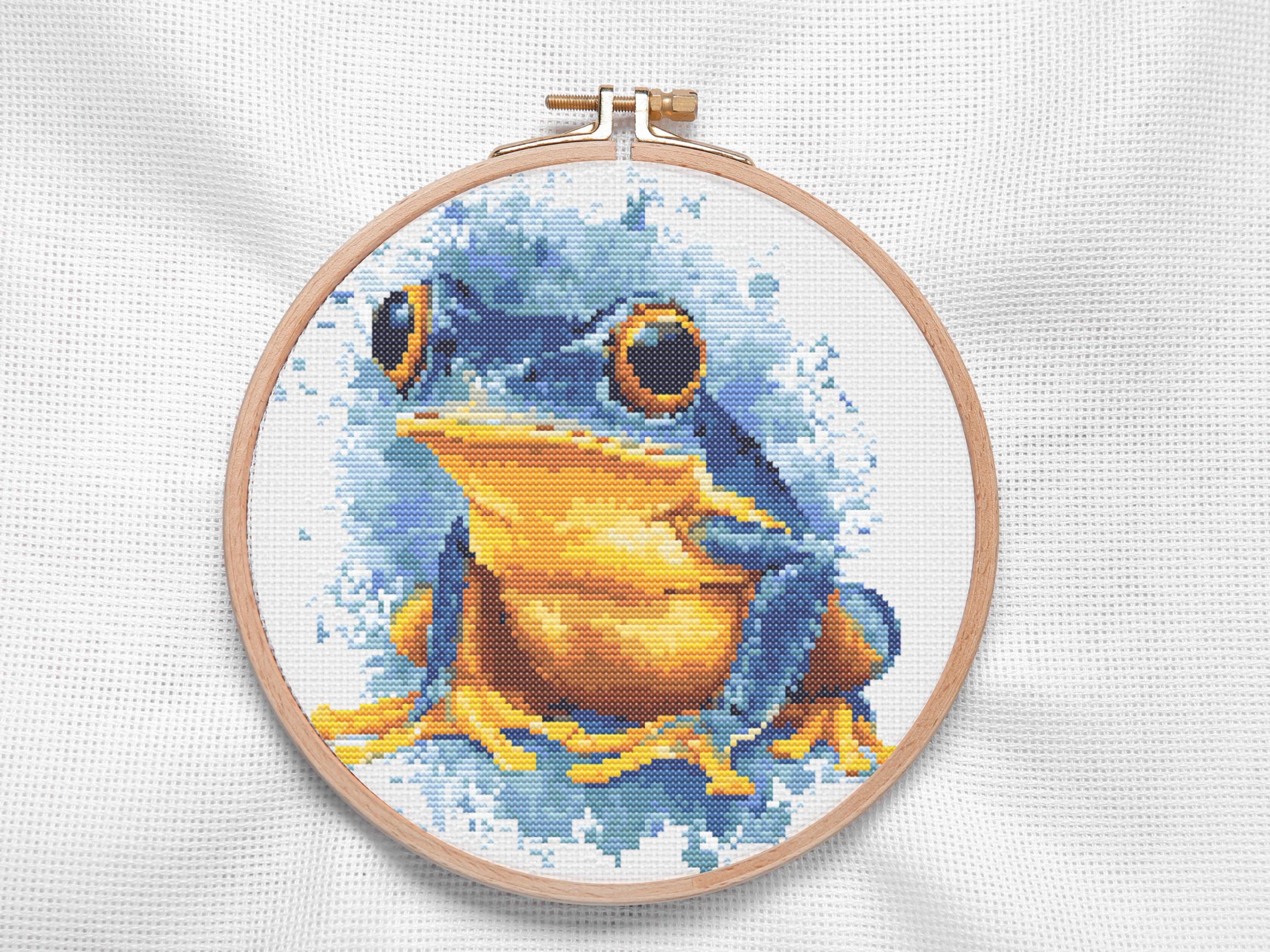 Vibrant Frog Cross Stitch Pattern with Blue and Gold Tones for Unique Nature-Inspired Wall Art Home Décor Embroidery PDF - Thumbnail 3