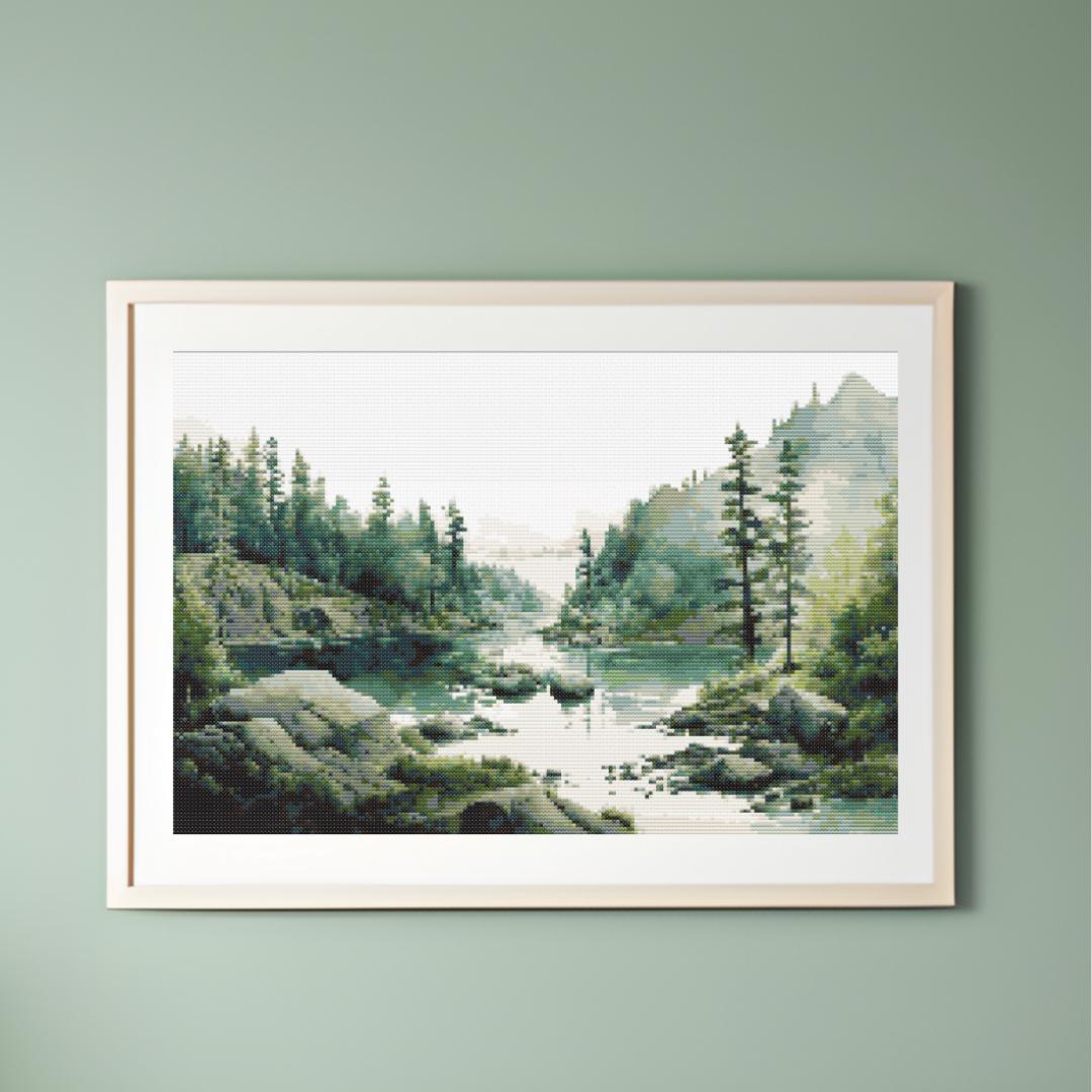 Cross Stitch Pattern - Nature's Serenity:  Watercolor Landscape - Forest River Mountains - Captivating Landscape Embroidery Pattern