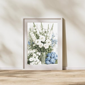 Lovely Cross Stitch Floral Arrangement – Elegant White & Blue Flower Design