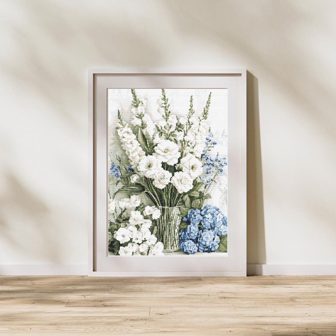 Elegant Floral Bouquet - White & Blue Flower Design - Image 1