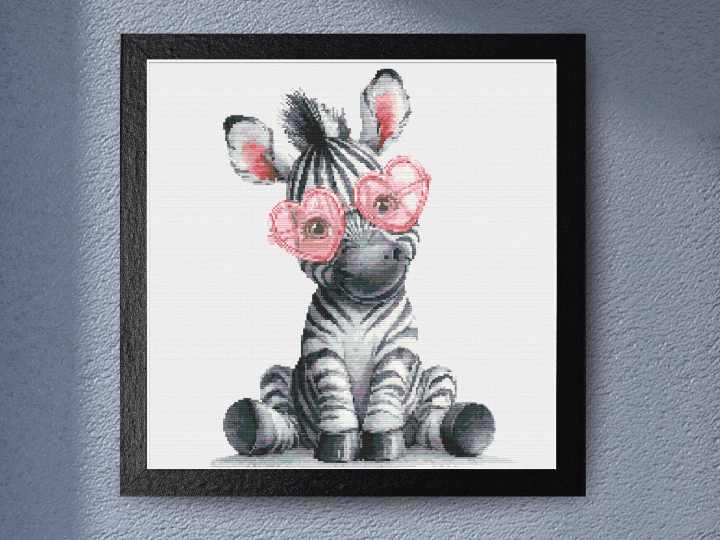 Cute Baby Zebra Cross Stitch Pattern in Pink Heart Glasses – Adorable Valentine or Nursery PDF Embroidery Design