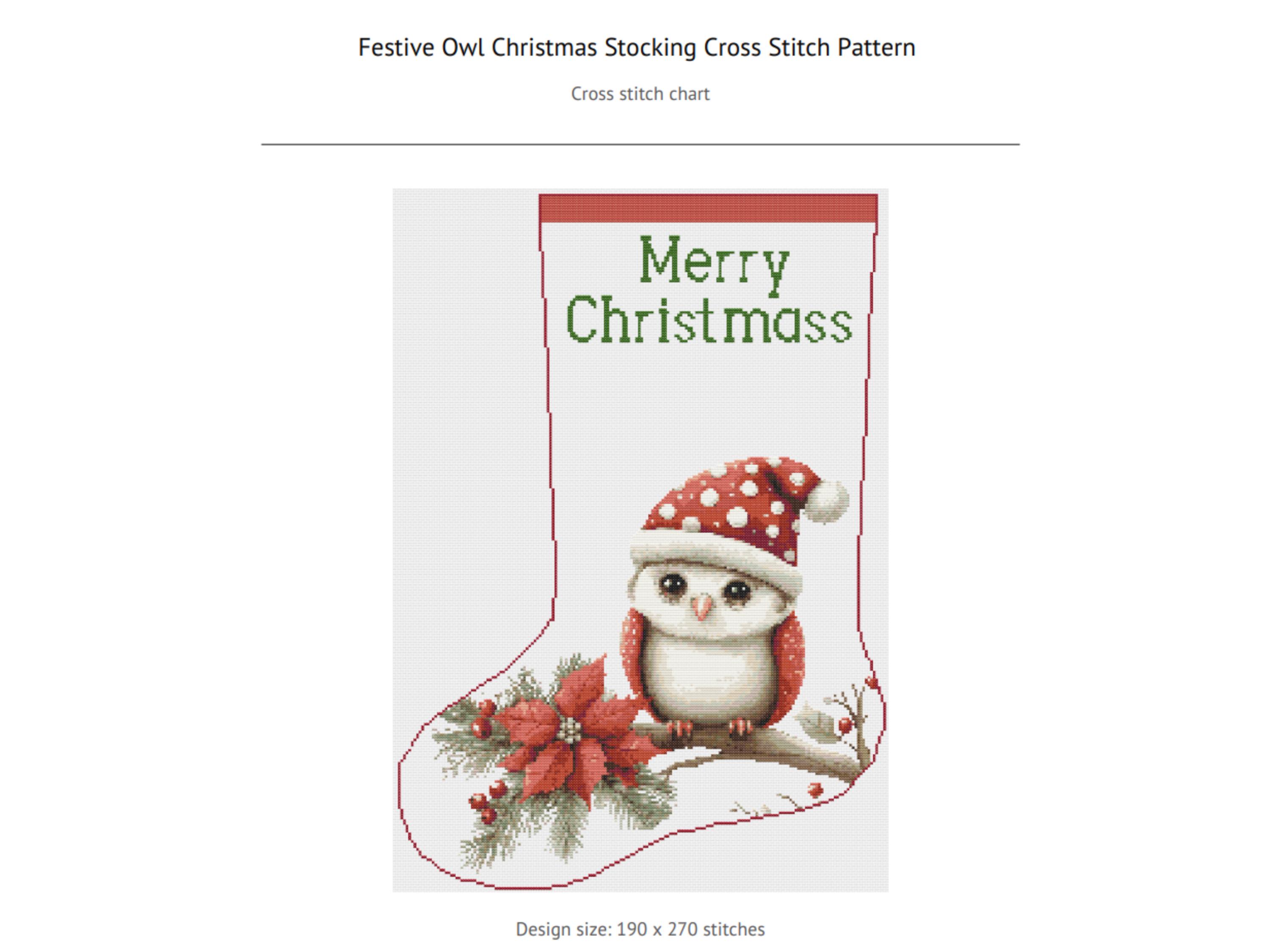 Festive Owl Christmas Stocking Cross Stitch Pattern Featuring an Owl in a Santa Hat with Poinsettia and Pine Branch - Holiday PDF Chart - Thumbnail 4