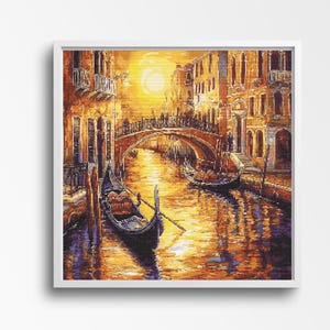 Venice Canal Sunset Cross Stitch Pattern - Romantic Gondola Scene with Golden Glow