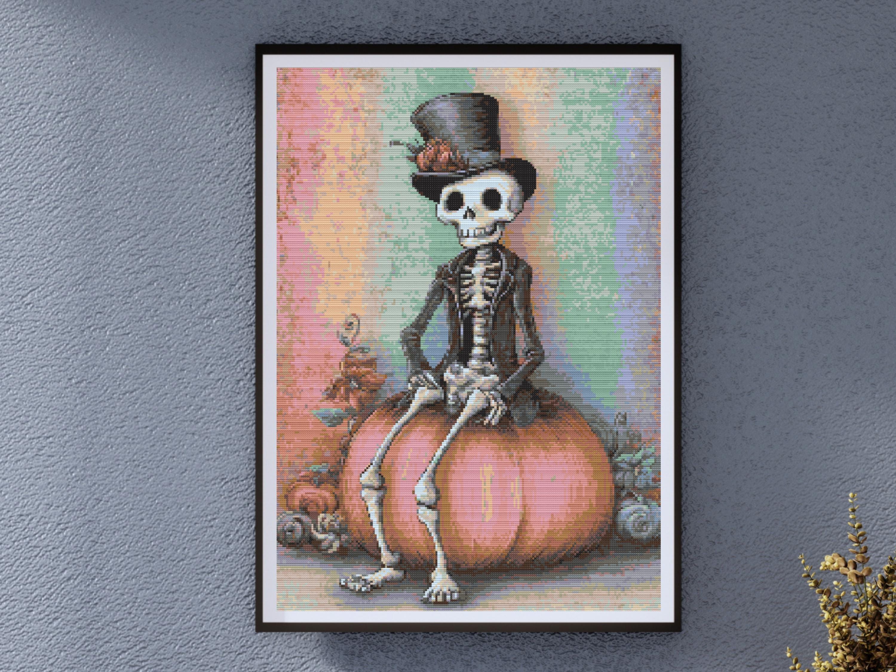 Skeleton in Top Hat Cross Stitch Pattern – Quirky Gothic Halloween Embroidery Design – Pumpkin Skeleton Stitch for Dark Academia Decor