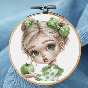 Green-Eyed Girl with Apple Cross Stitch Pattern - Adorable Character Design- PDF Instant Download 150x150 Cute Girl & Apple Counted Xstitch
