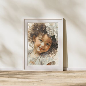 Adorable Curly-Haired Girl - Vintage Portrait Cross Stitch Pattern Needlework Design .  206 x 300 Stitches Counted Cross-Stitch.