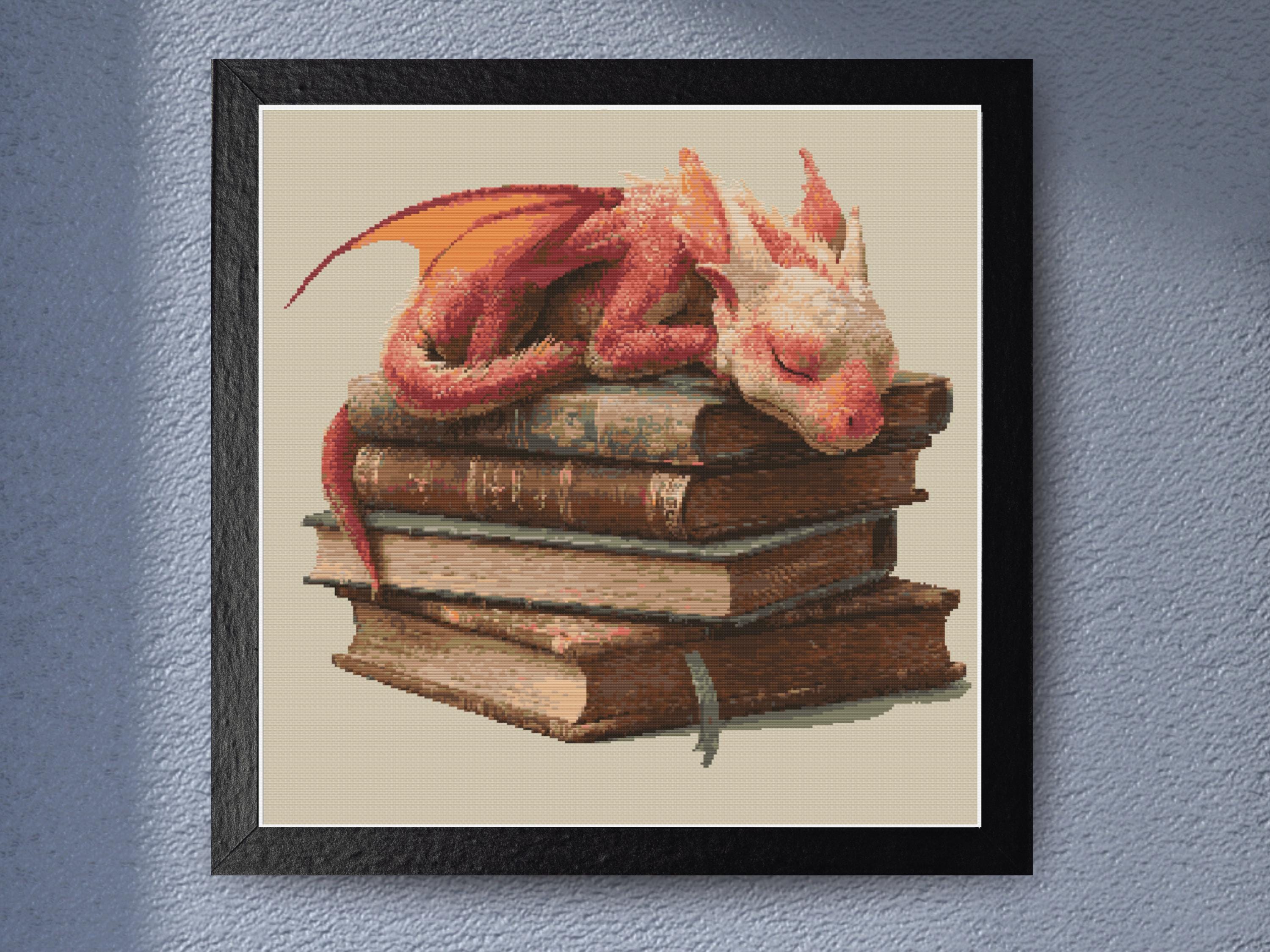Sleeping Dragon Cross Stitch Pattern Fantasy Creature on Vintage Books Whimsical Embroidery Digital PDF Magical Home Decor