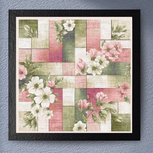Vintage patchwork bloemen kruissteekpatroon - abstracte botanische tuin, elegante cottagecore-bloemen, grote vierkante kaart, direct downloaden