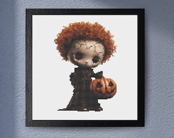 Cute Halloween Slasher Cross Stitch Pattern – Spooky Horror Embroidery PDF Featuring Pumpkin Lantern and Creepy Charm