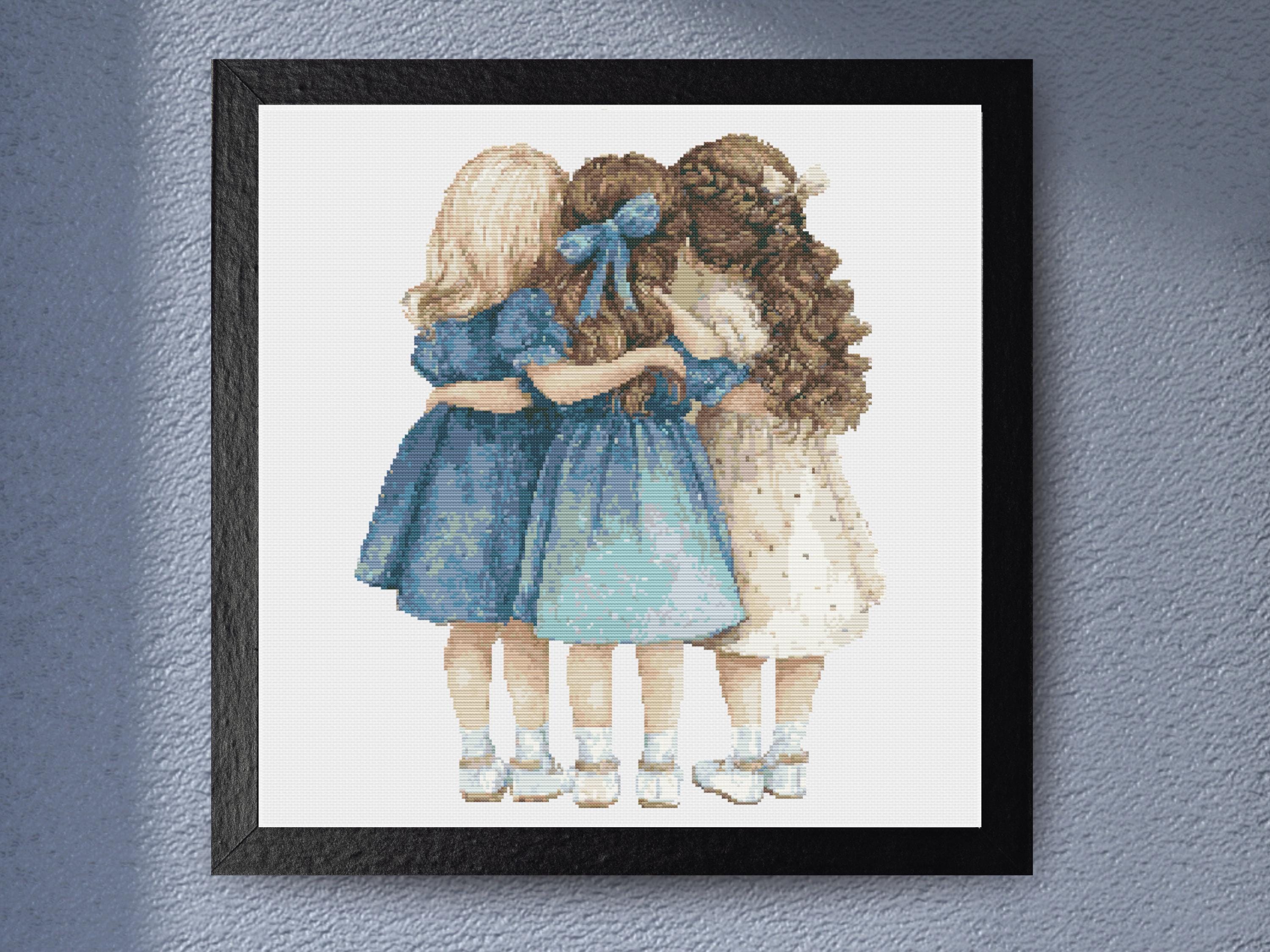 Three Best Friends - Three Little Girls in a Sweet Embrace Girls with Vintage Denim Dresses