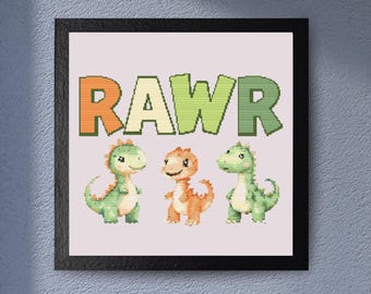 May include: A framed artwork featuring three cartoon dinosaurs in green and orange, with the word "RAWR" above them in matching colors. The artwork is in a black frame and is suitable for a child's room.