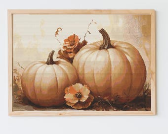 Autumn Harvest Pumpkin Cross Stitch Pattern, Fall Embroidery Chart, Thanksgiving Decor, Large Design, Modern Folk Art