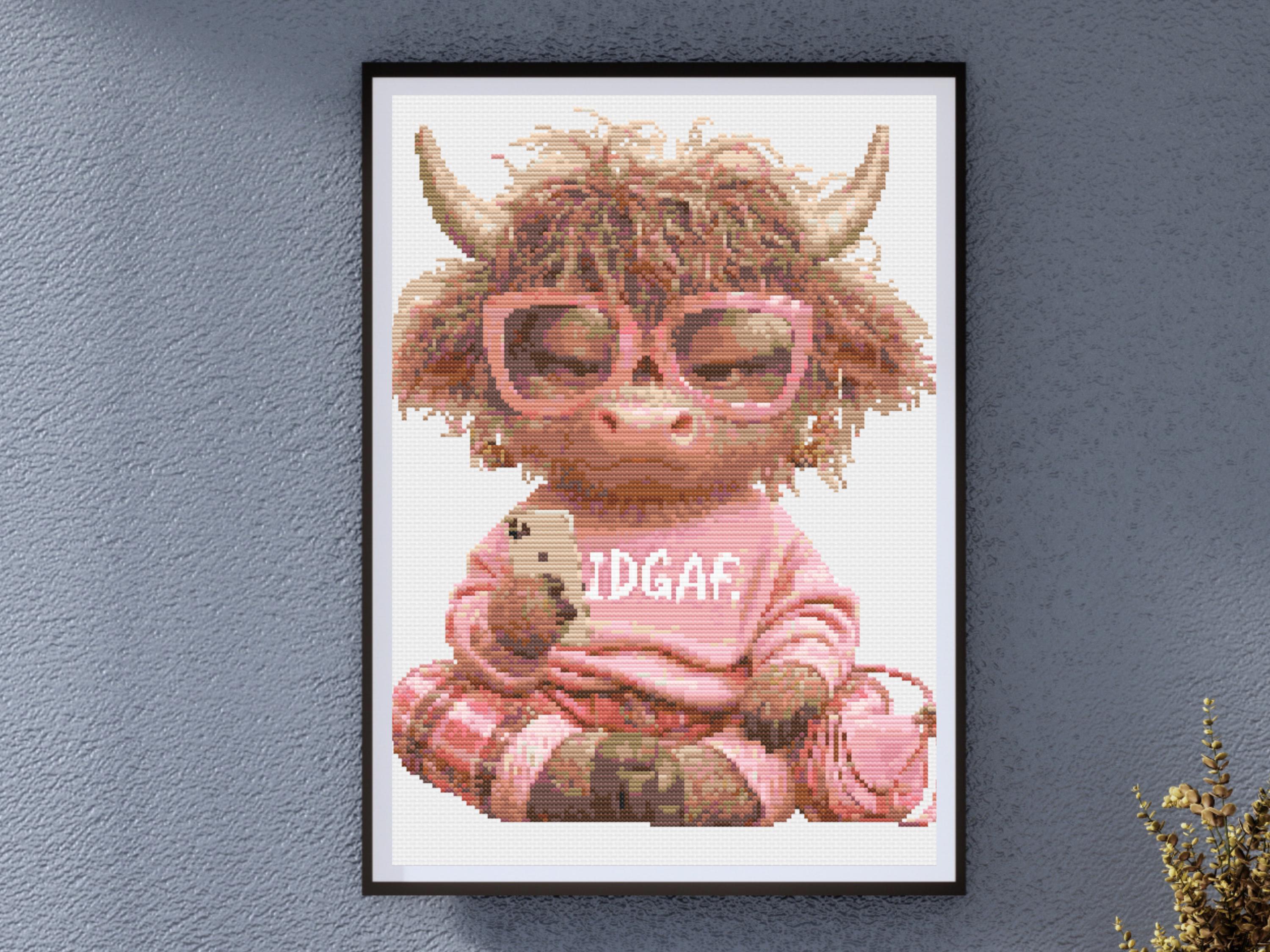 Highland Cow Cross Stitch Pattern in Pink Glasses and Sweater with Smartphone Modern Cottagecore Animal Digital Download