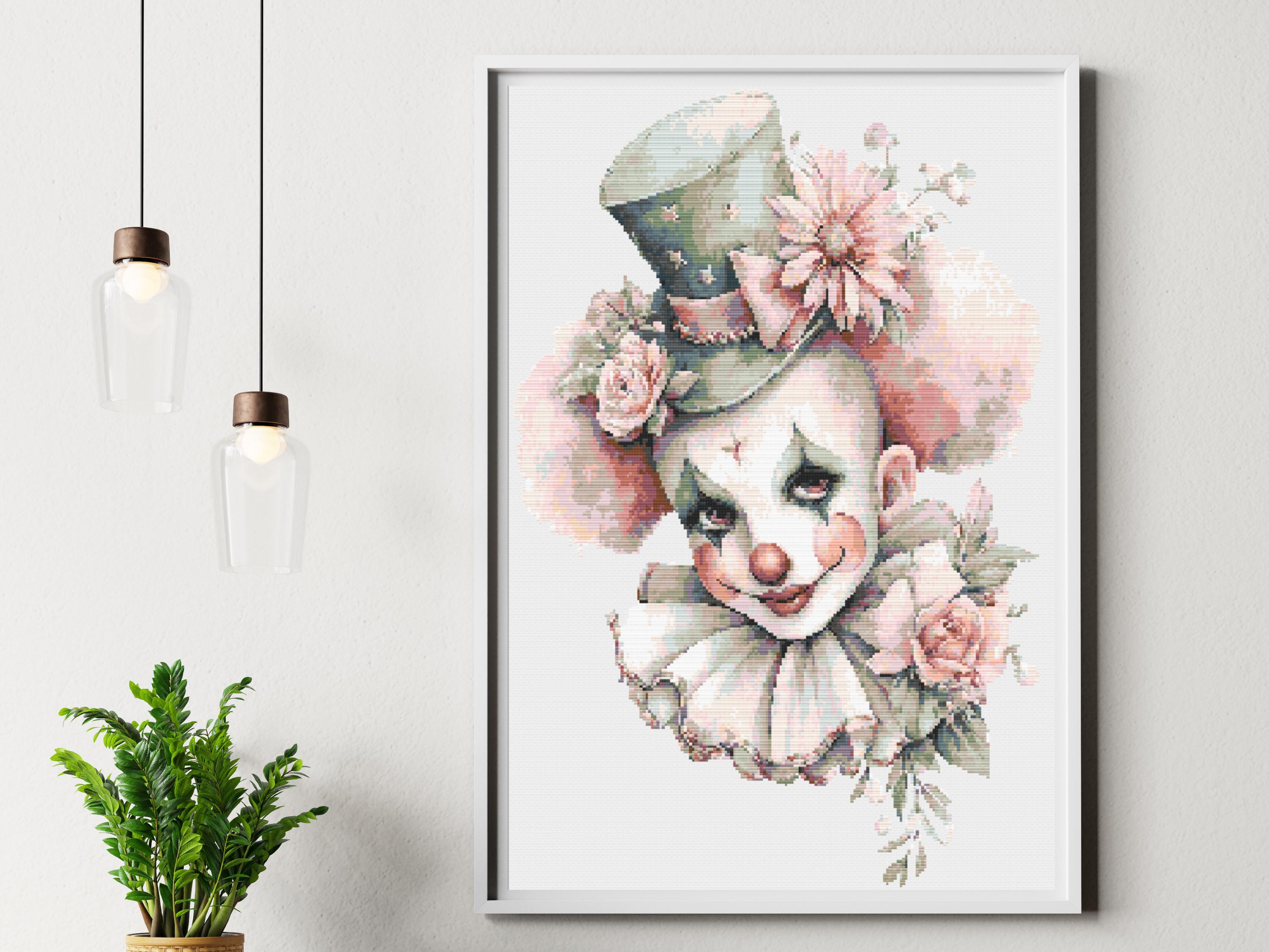 Clown Cross Stitch Pattern with Floral Hat and Vintage Circus Vibes, Modern Embroidery Creepy Halloween Decor - Thumbnail 2