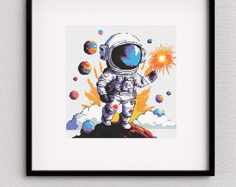 Astronaut Cross Stitch Pattern, Cosmic Voyage: A Space Adventure, Counted Cross-Stitch.  Vibrant Space Design for Nursery & Playroom Decor