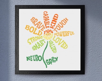 Blumen Kreuzstich Muster - Motivationswörter, erhebender Regenbogen Zitat Design, positive Affirmation DIY Stickerei, Stich für psychische Gesundheit