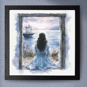 May include: Watercolor print of a woman in a blue dress, seated and gazing out a window at a sailboat on the sea. The artwork is framed in a black wooden frame, with a serene seascape in the background.