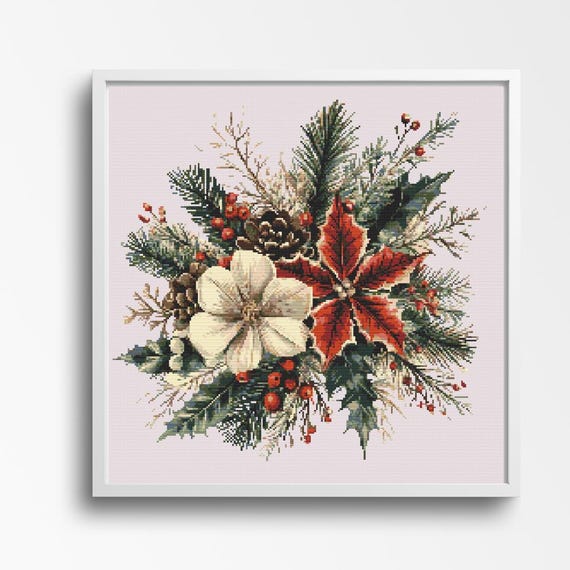 クリスマスクロスステッチパターン - ポインセチアと松ぼっくりを使っ