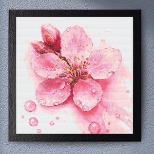 Cherry Blossom Cross Stitch Pattern - Delicate Pink Flower with Water Droplets, Floral Embroidery Design for Spring Decor