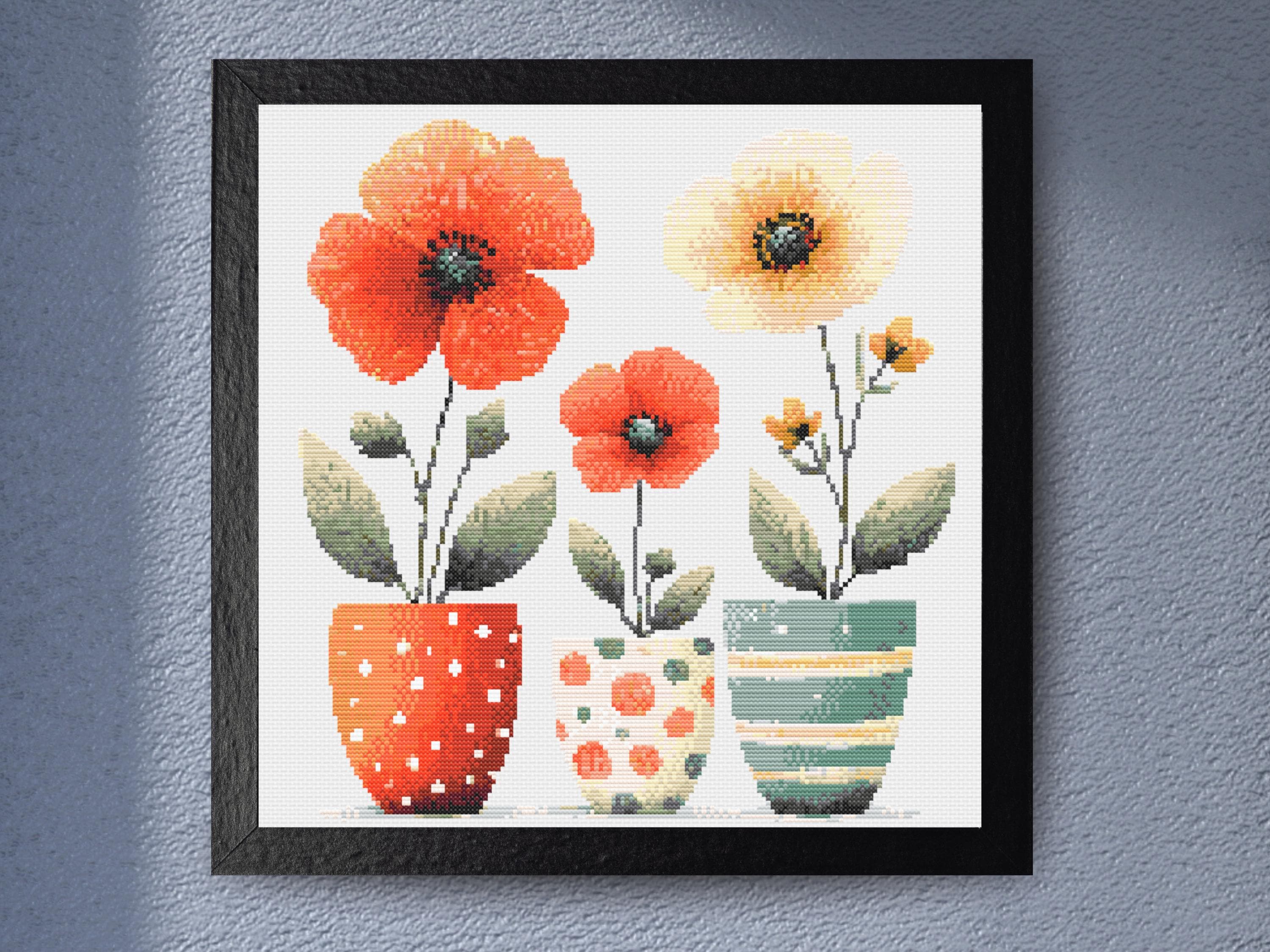 Poppy Cross Stitch Pattern Easy Floral Embroidery Design Modern Botanical Counted Chart PDF for Handmade Gift or Wall Art Download
