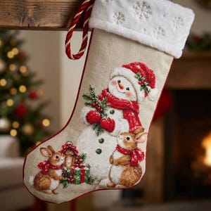 Puede incluir: Un calcetín navideño beige con un puño de felpa blanca y copos de nieve bordados. Presenta una ilustración central de un muñeco de nieve con gorro y bufanda rojos, flanqueado por dos conejos marrones, uno de ellos sosteniendo un farol.