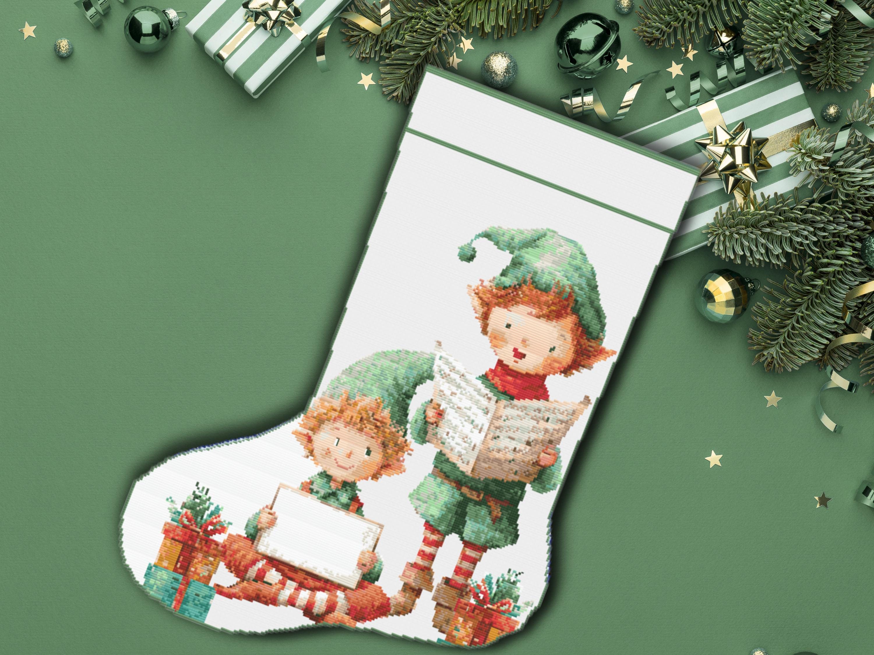 Christmas Stocking Cross Stitch Pattern  - Adorable Elves with Gifts & Music – Festive Holiday Embroidery for Personalized Handmade Decor - Thumbnail 2