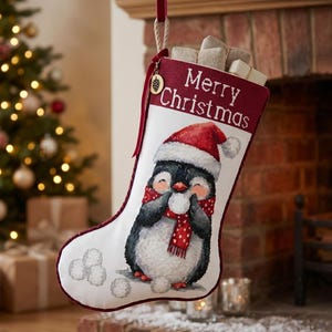 May include: A white Christmas stocking with a dark red trim and the text Merry Christmas embroidered at the top. The stocking features a graphic of a penguin wearing a red Santa hat and a red polka-dot scarf, holding a snowball with more snowballs below.