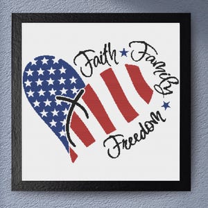 This heart-shaped American flag cross stitch pattern blends bold red stripes, navy blue with white stars, and elegant black script that reads “Faith,” “Family,” and “Freedom.” Ideal for patriotic embroidery projects, it makes a striking handmade gift or wall art piece for Independence Day, military families, or Americana-inspired decor. Designed with simplicity and emotional warmth for confident stitchers of any level.