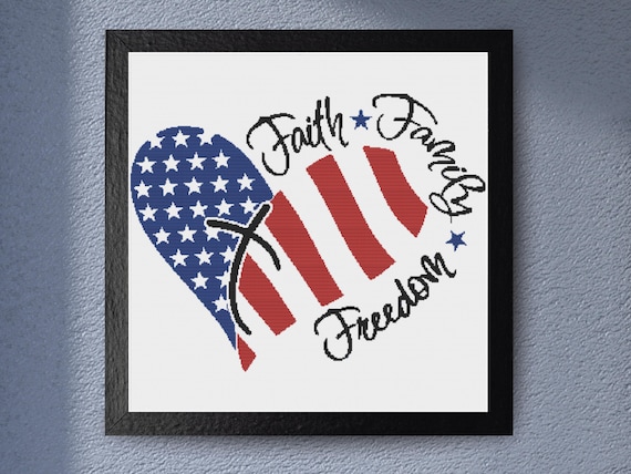 Faith Family Freedom Cross Stitch Pattern Heart-Shaped American Flag With Patriotic Lettering For Fourth Of July Homedecor