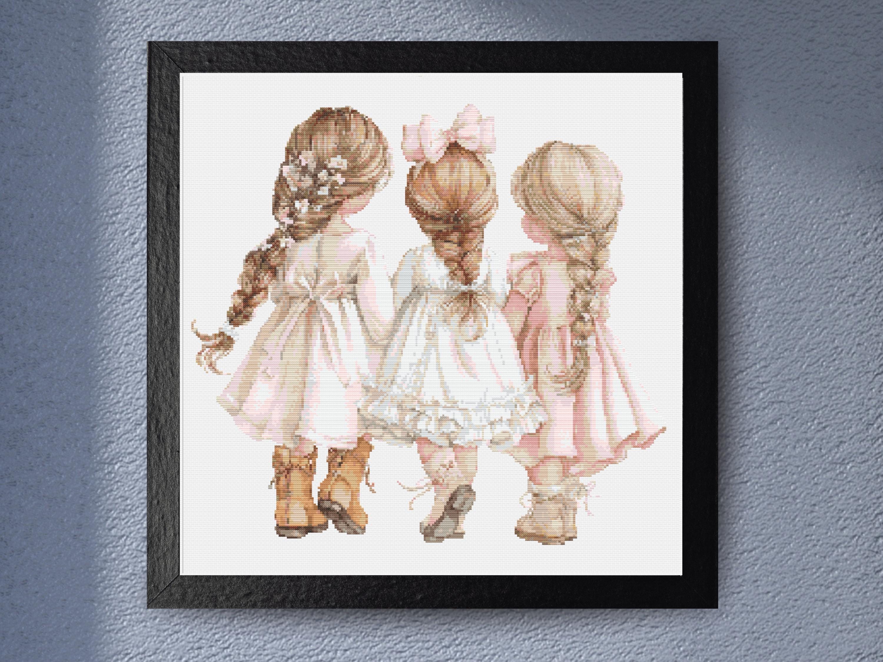 Three Little Friends – Adorable Girls in Braided Hairstyles and Vintage Dresses with Soft Pastel Tones