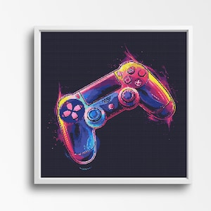 May include: A colorful, pixelated illustration of a video game controller against a dark background. The controller is in a vibrant, neon color scheme with pink, blue, yellow, and red accents.