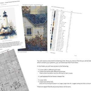 Pu&ograve; includere: Schema di punto croce digitale con una scena di faro costiero. L'immagine include un acquerello di un faro, una tabella e una chiave di colori per i fili DMC. Il modello &egrave; disponibile in diverse dimensioni della griglia.