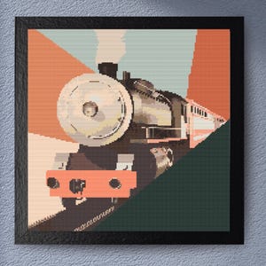 Padrão de ponto cruz de trem a vapor vintage – locomotiva retrô, design ferroviário art déco, ponto cruz contado