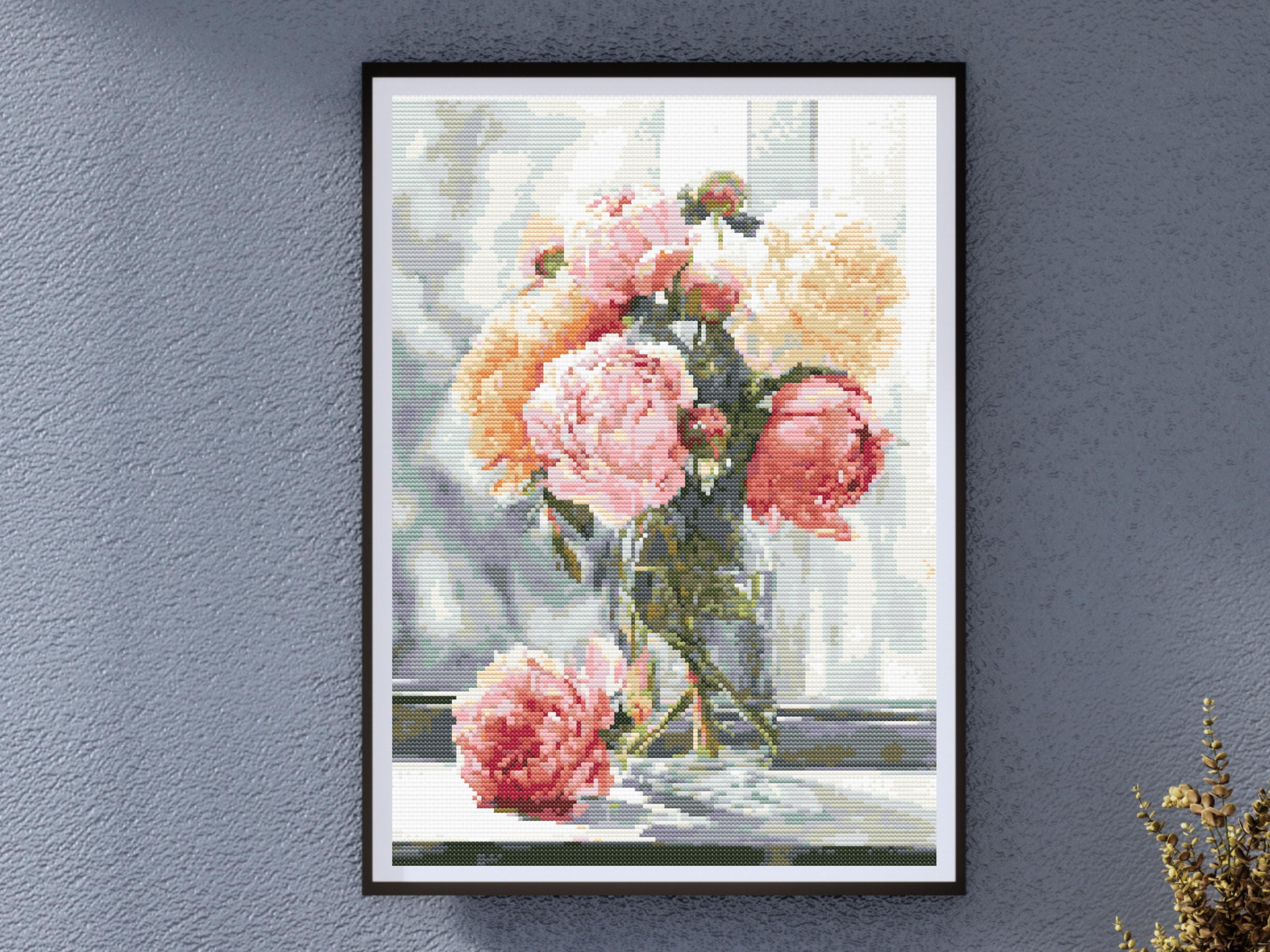 Peony Flower Cross Stitch Pattern – Romantic Floral Embroidery Design (Digital Download) - Image 1