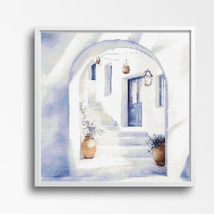 Könnte beinhalten: Ein gerahmter Druck eines Aquarells, das einen sonnendurchfluteten Torbogen und eine Treppe darstellt. Das Kunstwerk zeigt weiße Wände, blaue Akzente und Terrakottatöpfe mit Pflanzen. Die Szene erinnert an eine mediterrane Ästhetik.