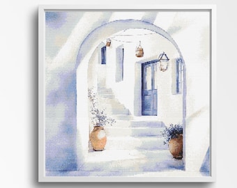 Cross Stitch Pattern, Santorini Archway Cross Stitch Pattern – Mediterranean Greek Island Architecture