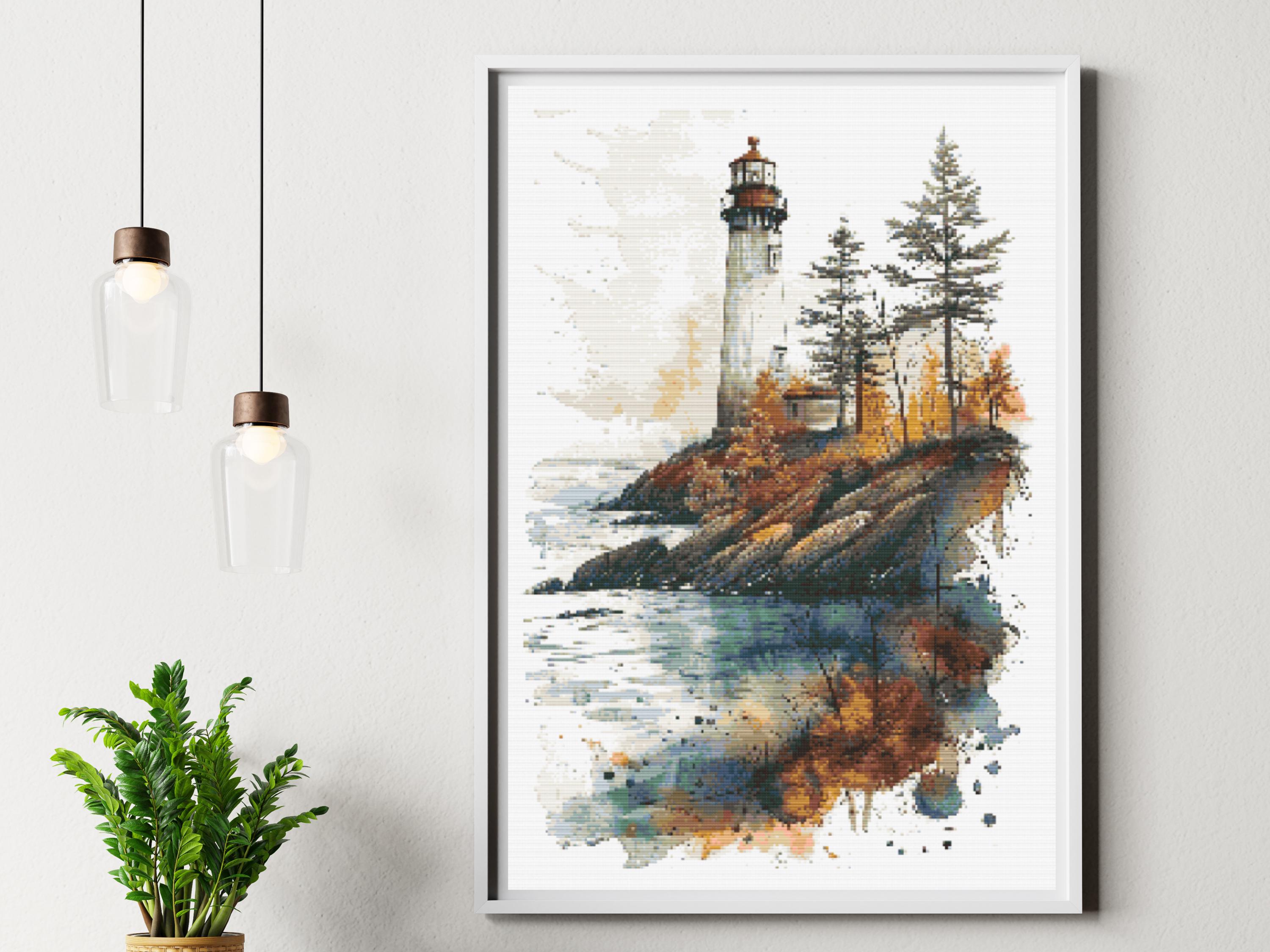 Coastal Beacon Guiding Light Amidst the Waves - Cross Stitch Pattern 200x300 Stitches. Counted Cross-Stitch. Beautiful Lighthouse on a Beach - Thumbnail 2