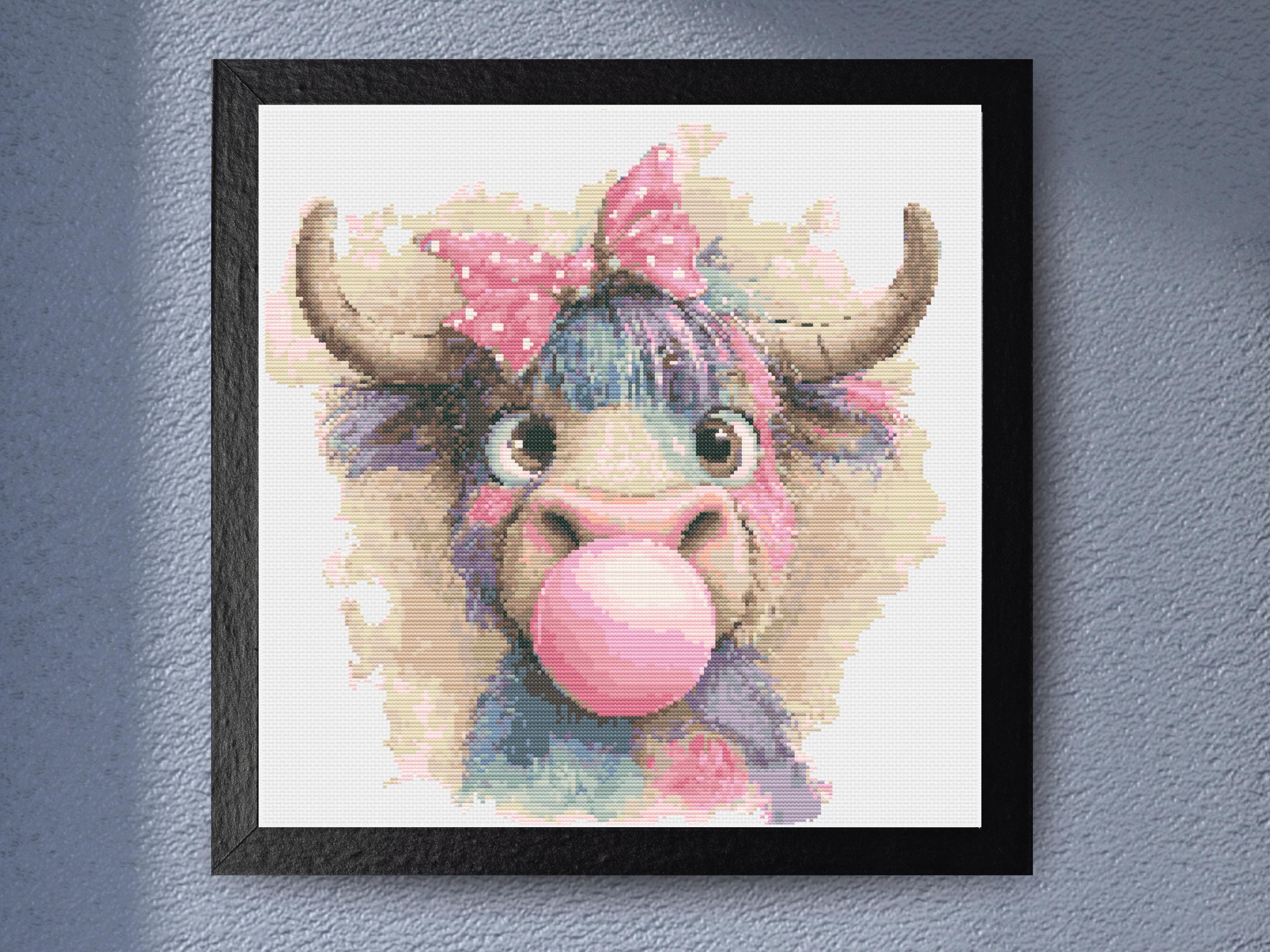 Bubblegum Blowing Highland Cow Cross Stitch Pattern In Pink Bow With Pastel Fur Cute Animal Embroidery Design For Instant Download