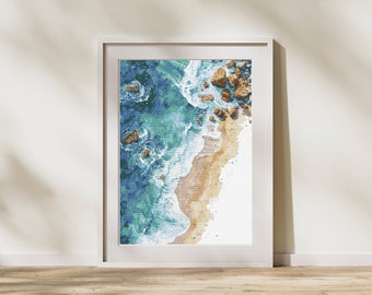 Patrón de punto de cruz de olas del océano - Diseño de bordado de escena de playa costera - Descarga instantánea en PDF 226 x 300 puntadas contadas en punto de cruz.