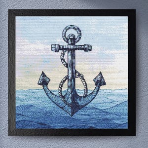 May include: A framed illustration of a blue anchor against a blue and white watercolor background. The anchor is a nautical symbol of hope and safety.