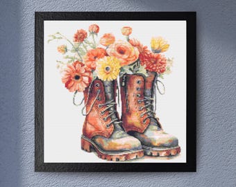 Floral Boots Cross Stitch Pattern – Rustic Work Boots with Wildflowers, Vintage Country Decor