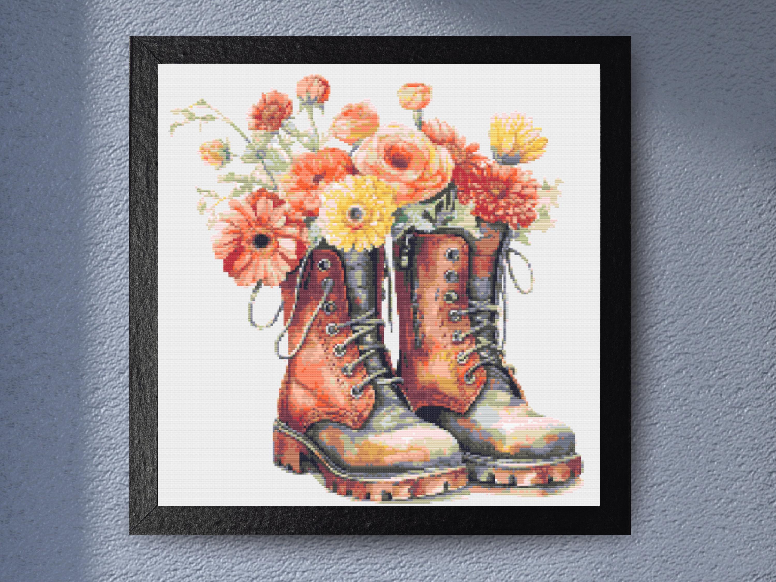 Floral Boots β Rustic Work Boots with Wildflowers, Vintage Country Decor - Image 1