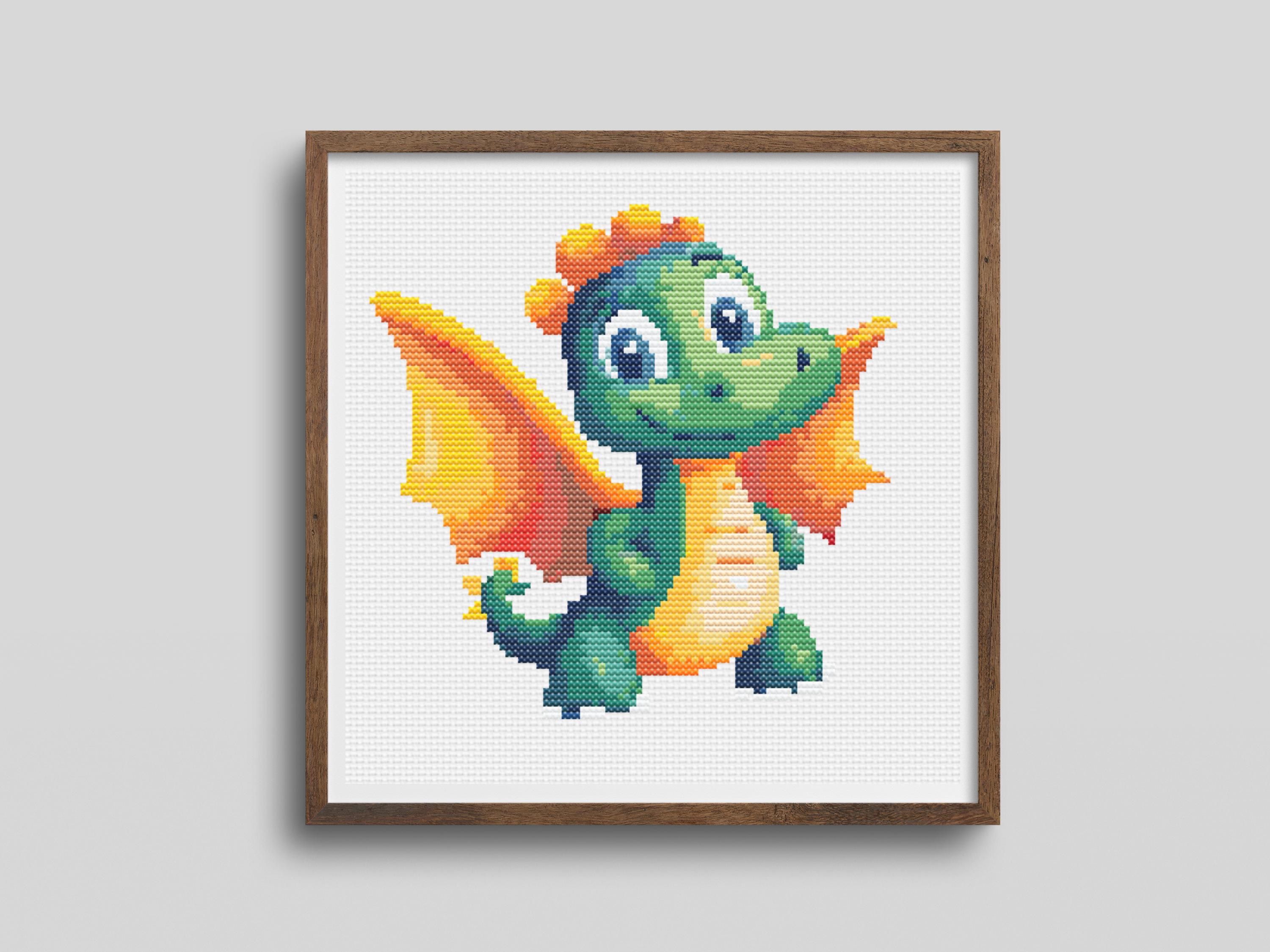 Cute Dragon Cross Stitch Pattern - Fun Green Baby Dragon with Orange Wings for Nursery Decor or Beginner Stitchers - Thumbnail 2