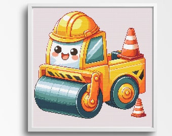 Road Roller Cross Stitch Pattern 200 x 200 Stitches. Paving the Way to Fun. Counted Cross-Stitch. Room Decor for Construction Crazy Kids